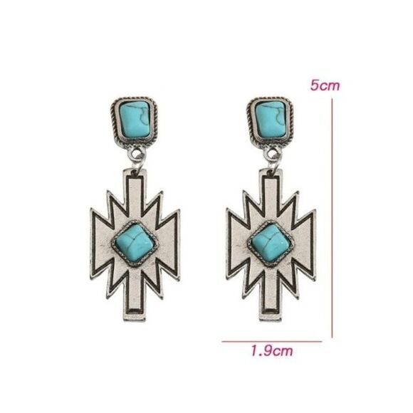 WESTERN BOHO SILVER TURQUOISE CROSS DANGLE EARRINGS - Picture 3 of 4